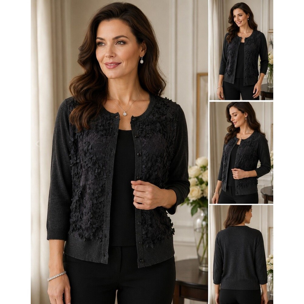 Covington Black Floral Lace Appliqué Full Button Front Cardigan Sweater Large
